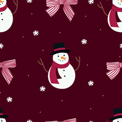 Vector seamless pattern with snowman snowflakes bows