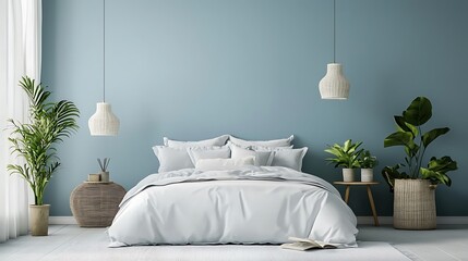A bedroom with a white bed, white pillows, and a blue wall