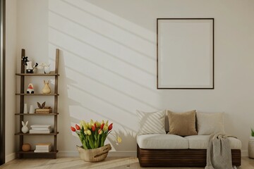 minimalistic living room, neutral color palette, wooden shelf with decor, beige sofa with cushions, sunlight casting shadows, tulip flowers in a vase, cozy and serene atmosphere, soft natural lighting
