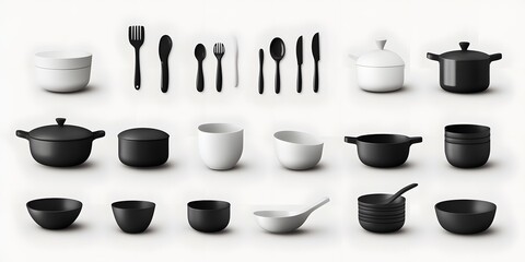 Theme: Food, Cooking, Kitchen Utensils, Icon Set, Shapes, Objects, Black and White, on White Background, Abstract Image, Texture, Pattern Background, Wallpaper, Cover and Screen of Smartphone, PC, Lap