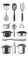 Theme: Food, Cooking, Kitchen Utensils, Icon Set, Shapes, Objects, Black and White, on White Background, Abstract Image, Texture, Pattern Background, Wallpaper, Cover and Screen of Smartphone, PC, Lap