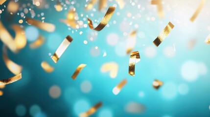 A vibrant celebration scene featuring shimmering golden confetti against a soft blue background, evoking joy and festivity.