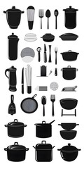 Theme: Food, Cooking, Kitchen Utensils, Icon Set, Shapes, Objects, Black and White, on White Background, Abstract Image, Texture, Pattern Background, Wallpaper, Cover and Screen of Smartphone, PC, Lap
