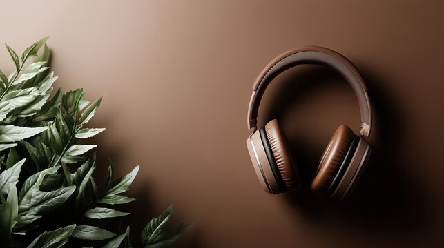 Stylish brown headphones resting on a textured surface with a touch of greenery
