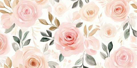 Watercolor pink and beige roses with green leaves on white background