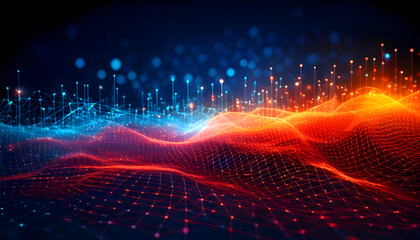 Abstract digital network background banner with glowing light and connecting data dots in blue orange and red colors. Big data technology concept.