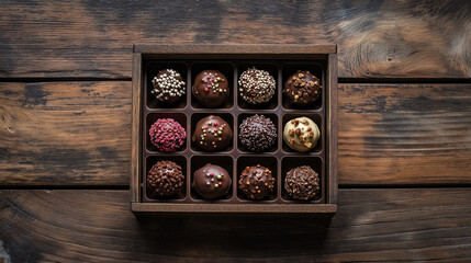A decorative box of full chocolate-covered strawberries, each topped with sprinkles or crushed nuts, placed on a rustic wooden table