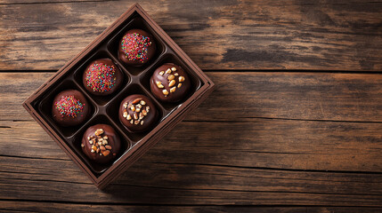 A decorative box of full chocolate-covered strawberries, each topped with sprinkles or crushed nuts, placed on a rustic wooden table