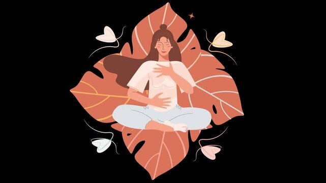 Short animation of a young woman practices deep breathing in a yoga pose on a transparent alpha channel in a seamless loop.