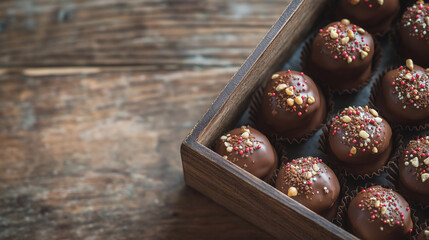 A decorative box of full chocolate-covered strawberries, each topped with sprinkles or crushed nuts, placed on a rustic wooden table