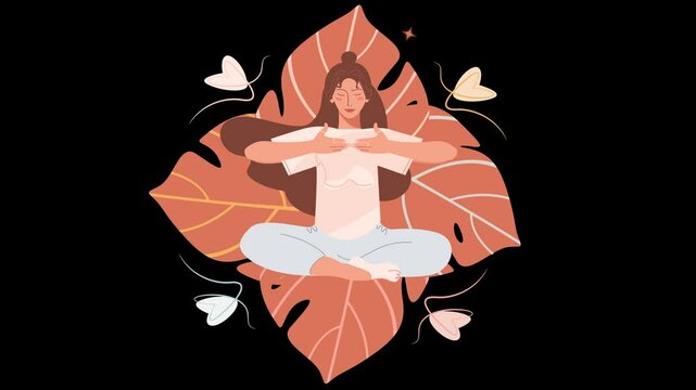Short animation of a young woman practices deep breathing in a yoga pose on a transparent alpha channel in a seamless loop.