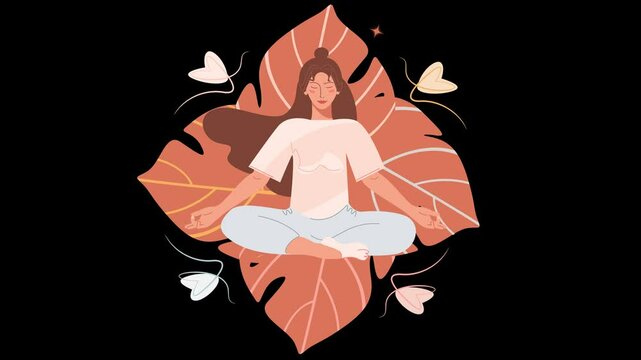 Short animation of a young woman practices deep breathing in a yoga pose on a transparent alpha channel in a seamless loop.