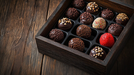 A decorative box of full chocolate-covered strawberries, each topped with sprinkles or crushed nuts, placed on a rustic wooden table