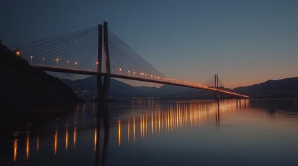 Fototapeta premium Suspension bridge at dusk with lights reflecting on calm water