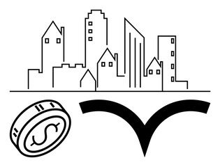 Obraz premium Cityscape with various building outlines, a coin displaying a dollar sign, and an abstract checkmark shape. Ideal for financial services, real estate, investment, business, banking, architecture