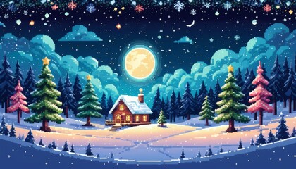 retro arcade gaming vintage graphics image of a Christmas village in a snowy landscape