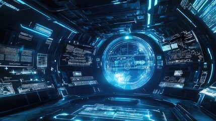 Obraz premium A futuristic control room with glowing interfaces and holographic displays.