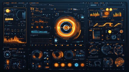 Obraz premium A futuristic control panel displaying data visualizations and analytics in a dark interface.