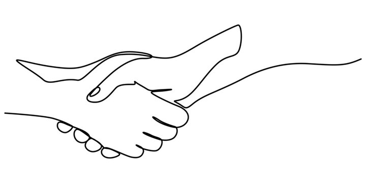 hand drawn continuous one line of handshake. poster art print. vector illustration, two businessmen shaking hands. Continuous one line drawing illustration vector, Handshake continuous line drawing. 