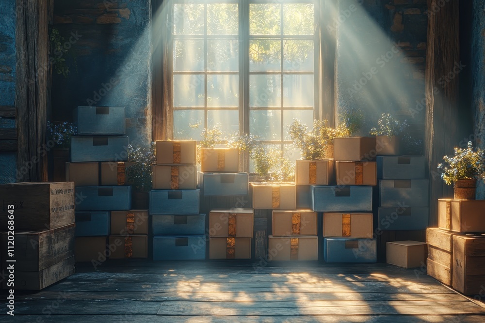 Poster sunlight streams through a window illuminating stacked boxes and potted flowers in a cozy space.