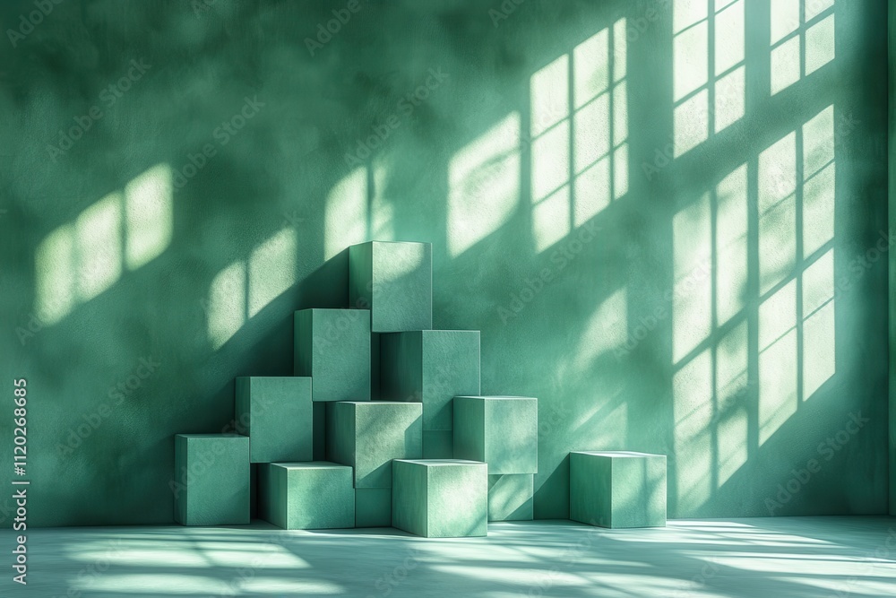 Poster a serene green room with stacked cubes and light casting shadows from large windows.