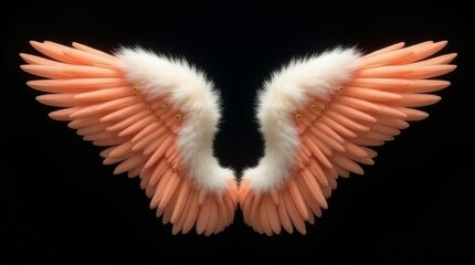 Soft peach and white feathered wings with golden embellishments on a black background symbolizing elegance and charm