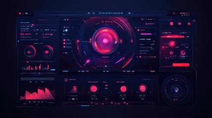 A futuristic digital interface with graphs and controls in vibrant colors for data analysis.