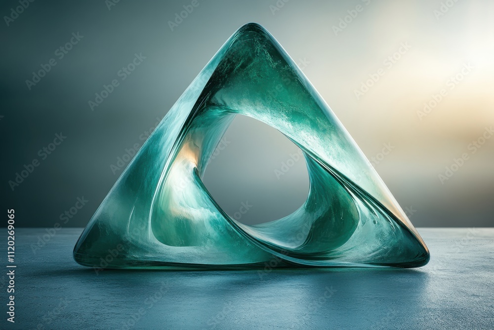 Poster a translucent triangular sculpture with swirling colors, symbolizing fluidity and form.