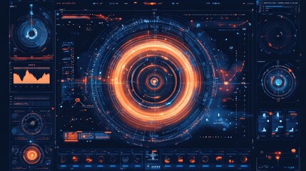 Obraz premium A futuristic interface displaying data visualizations and controls in a sci-fi style.