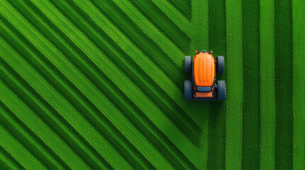 Overhead view of a brightly colored tractor cutting symmetrical stripes into a lush green field, showcasing geometric precision in agriculture.