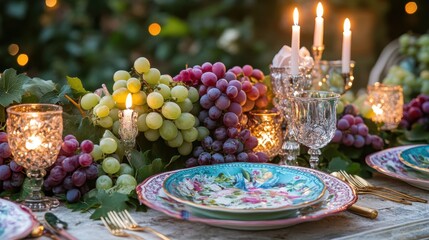 Elegant Dinner Table Setting with Fresh Grapes and Candles