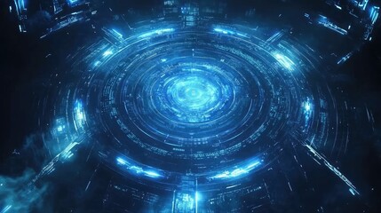 Obraz premium A futuristic, glowing circular structure with intricate patterns and blue light effects.