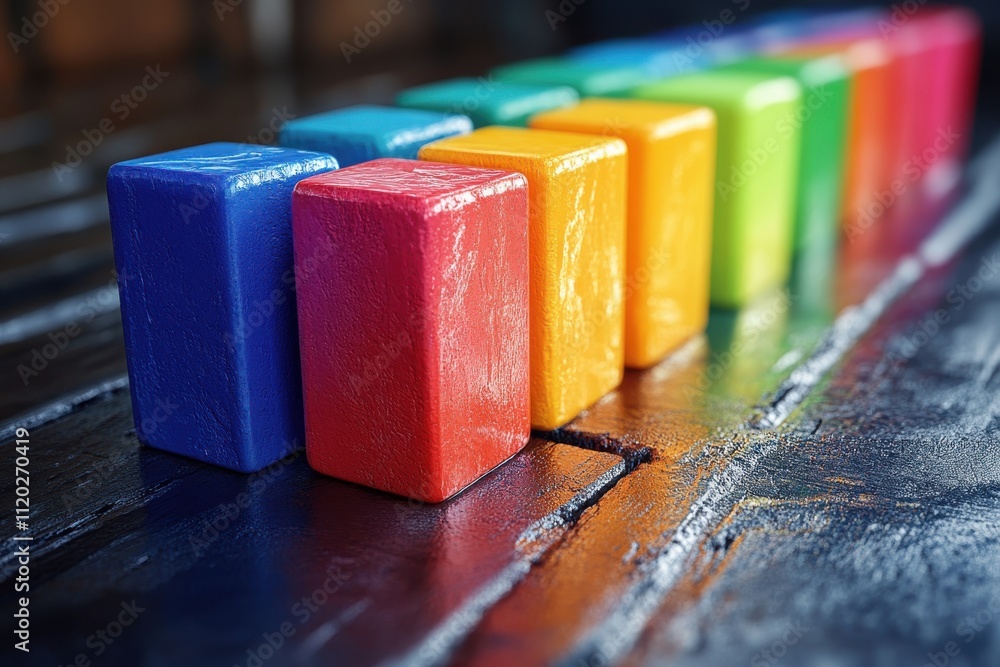 Poster a row of colorful wooden blocks arranged in a playful manner on a dark surface.