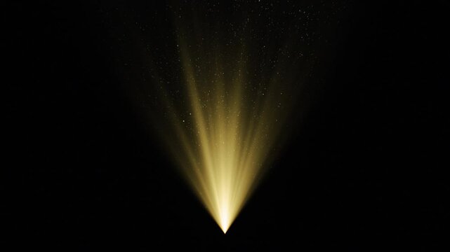 Golden Volume Light in the Dark Seamless. Gold Rays Hologram Lamp Shining on Black Background with Flying Dust Particles Looped 3d Animation 4k. Design Element for Overlays.