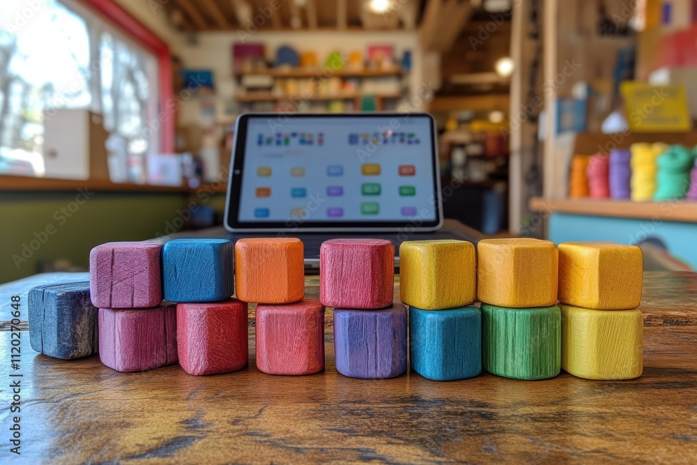 Poster a colorful arrangement of wooden blocks in front of a tablet displaying educational content.