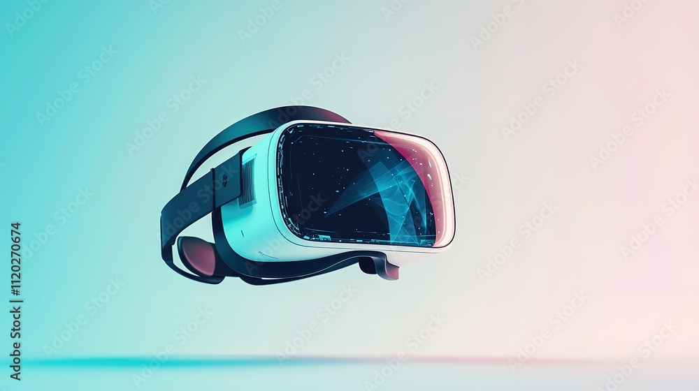 Poster a futuristic virtual reality headset floating against a gradient background, illustrating advanced t
