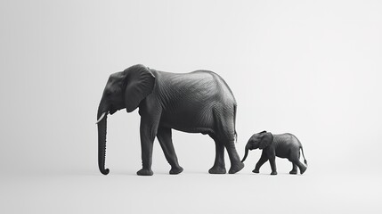 Fototapeta premium A mother elephant walks alongside her young calf in a minimalist, monochromatic setting, capturing a tender moment of their bond.