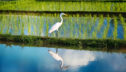 Fototapeta premium white egret heron scient. class. Egretta bird animal, in a rice