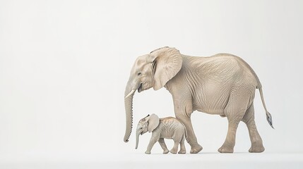 Obraz premium A mother elephant and her calf walk together against a simple, light background, showcasing their bond and the beauty of wildlife.
