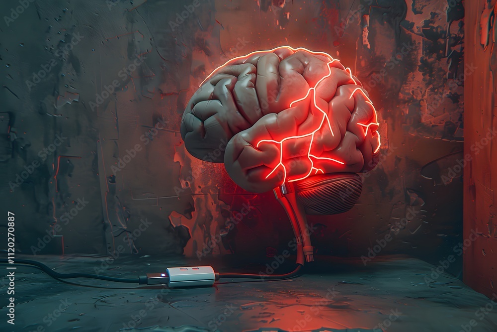 Poster illuminated brain concept with neon effects and technology integration