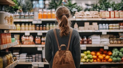 Woman shopping in grocery store with natural products