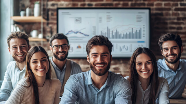 team of six smiling professionals poses confidently after successful presentation, showcasing their teamwork and enthusiasm in modern office setting