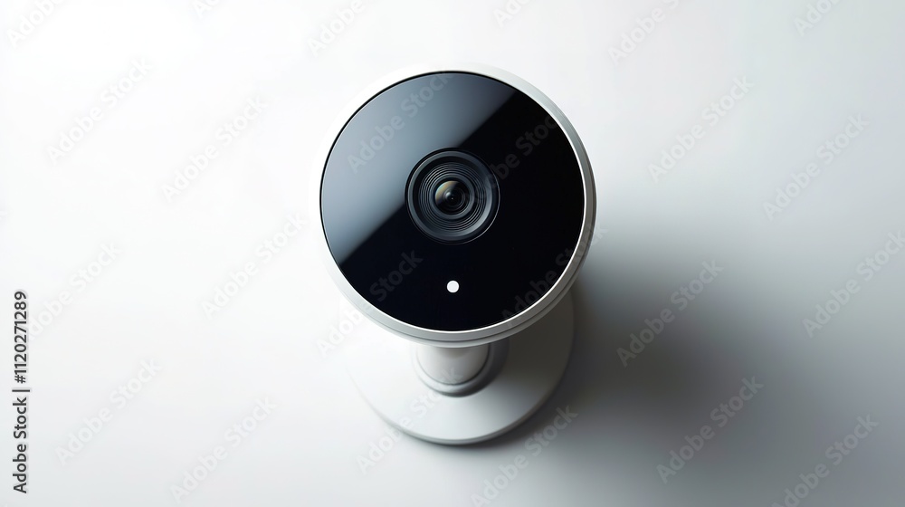 Poster a sleek, modern security camera with a circular design, featuring a lens and a small indicator light
