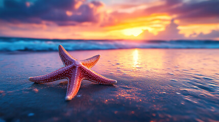 Fototapeta na wymiar Orange starfish on a sandy beach at sunset. A vibrant orange starfish rests on the wet sand at the edge of the ocean at sunset.