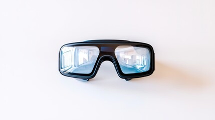 A pair of black goggles with clear lenses, laid flat on a white surface, often used for swimming or diving.