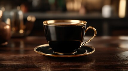 Obraz premium A luxurious black cup with gold accents, resting on a matching saucer on a wooden table.