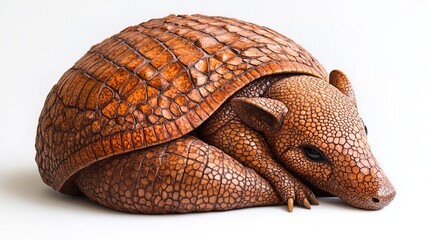 A realistic sculpture of an armadillo, curled up with a textured shell, showcasing intricate details and warm brown tones.