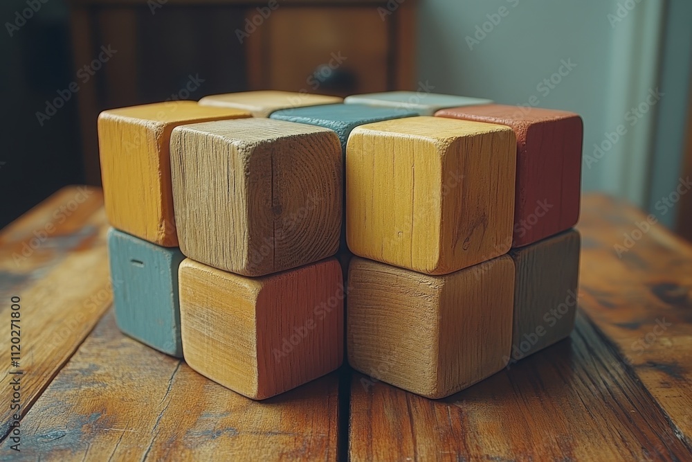 Poster a stack of colorful wooden blocks arranged in a cube shape on a wooden table.