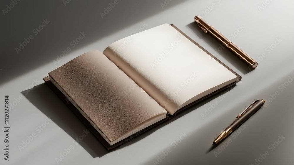Poster minimalistic workspace with an open notebook and pen on a clean surface during daylight