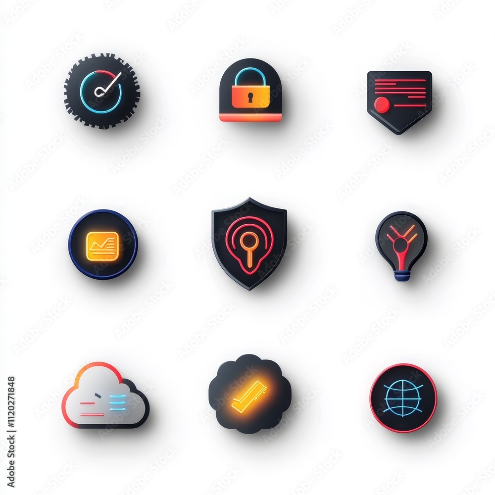 Poster a set of neon icons with a key and a shield